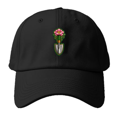Embroidered patch design - GARDENING TROWEL FLOWER - garden tool with blooming - Baseball Cap - Black