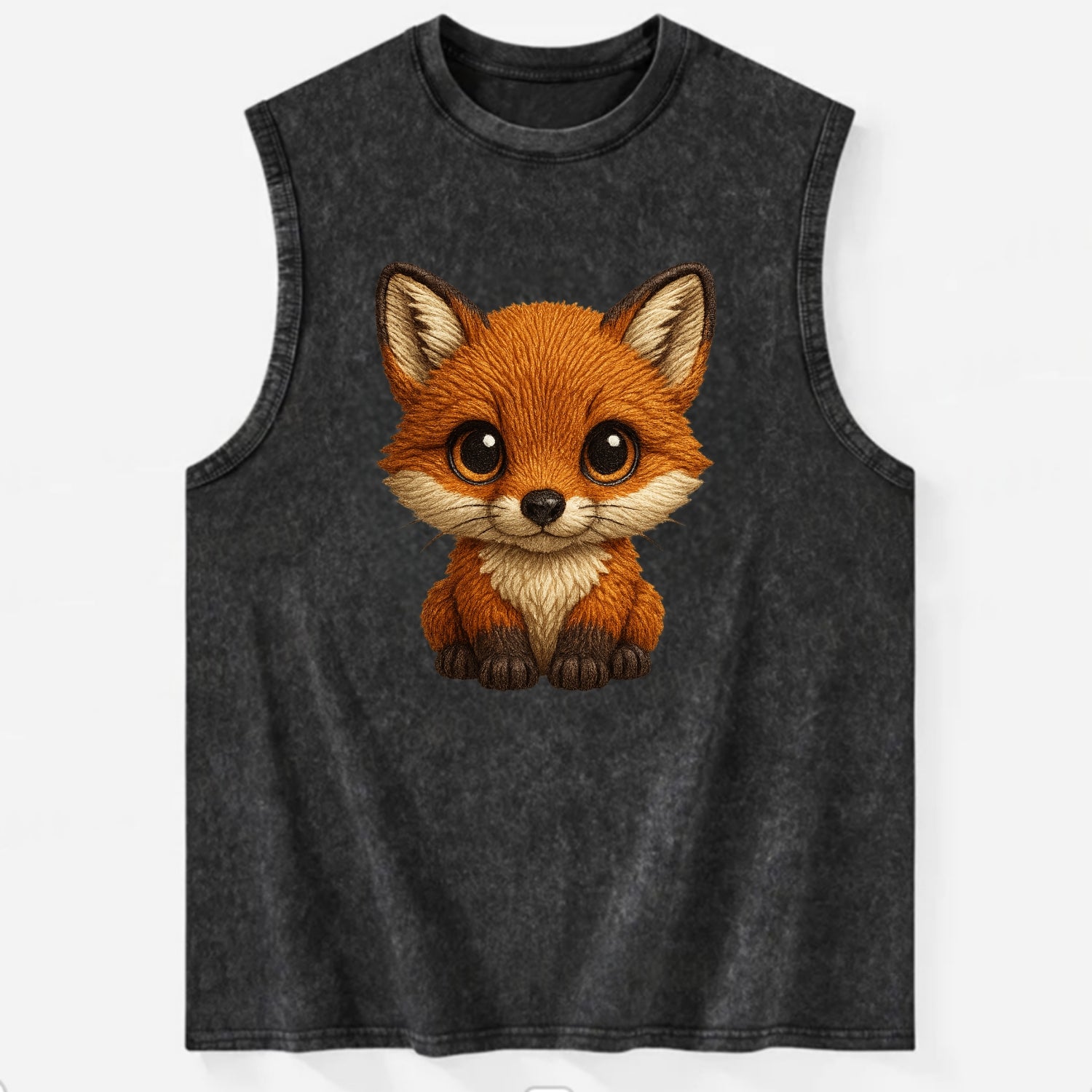 Baby Red Fox - russet fur, white chest, big amber eyes, perky ears, - Vintage Washed Tank - Black