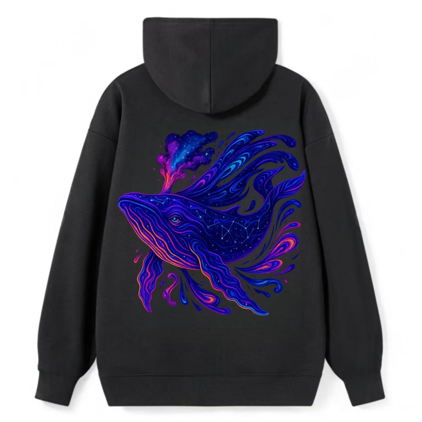 Majestic whale with body composed of galaxy clusters, stellar fins - Classic Pullover Hoodie - Black
