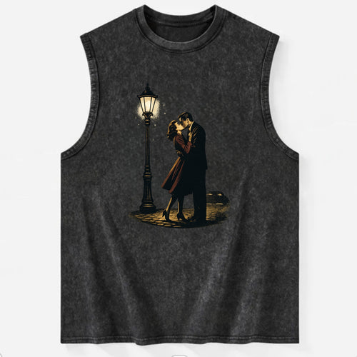 first kiss under vintage street lamp on cobblestone at night - Vintage Washed Tank