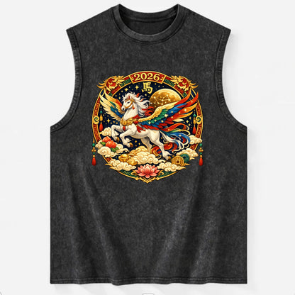 CELESTIAL HORSE | Heavenly horse among clouds and stars | Wings of flowing - Vintage Washed Tank - Black