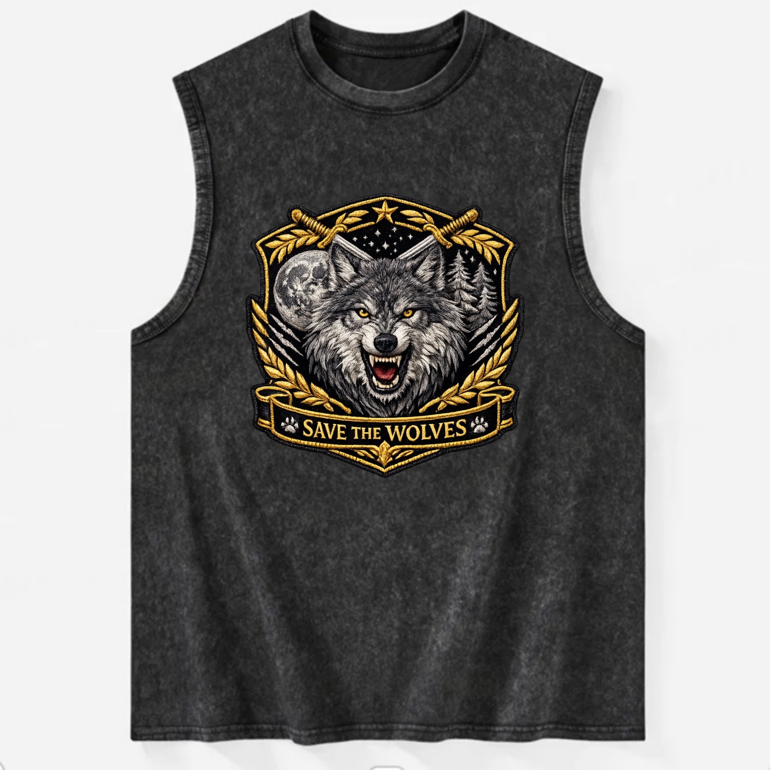 SAVE THE WOLVES - wolf moon in gray , predator protection - Vintage Washed Tank - Black