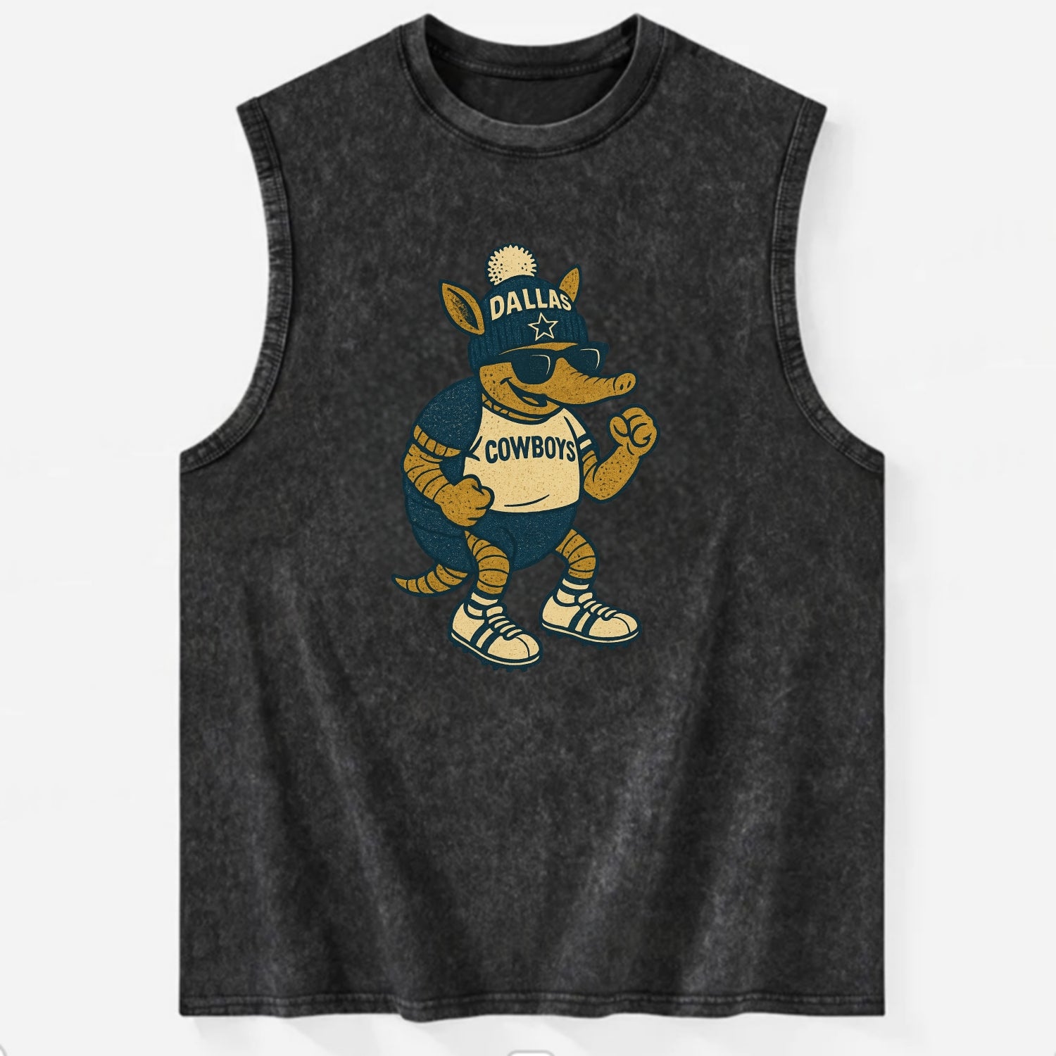 Dallas Armadillo wearing Cowboys beanie with lone star patch and wayfarer - Vintage Washed Tank - Black