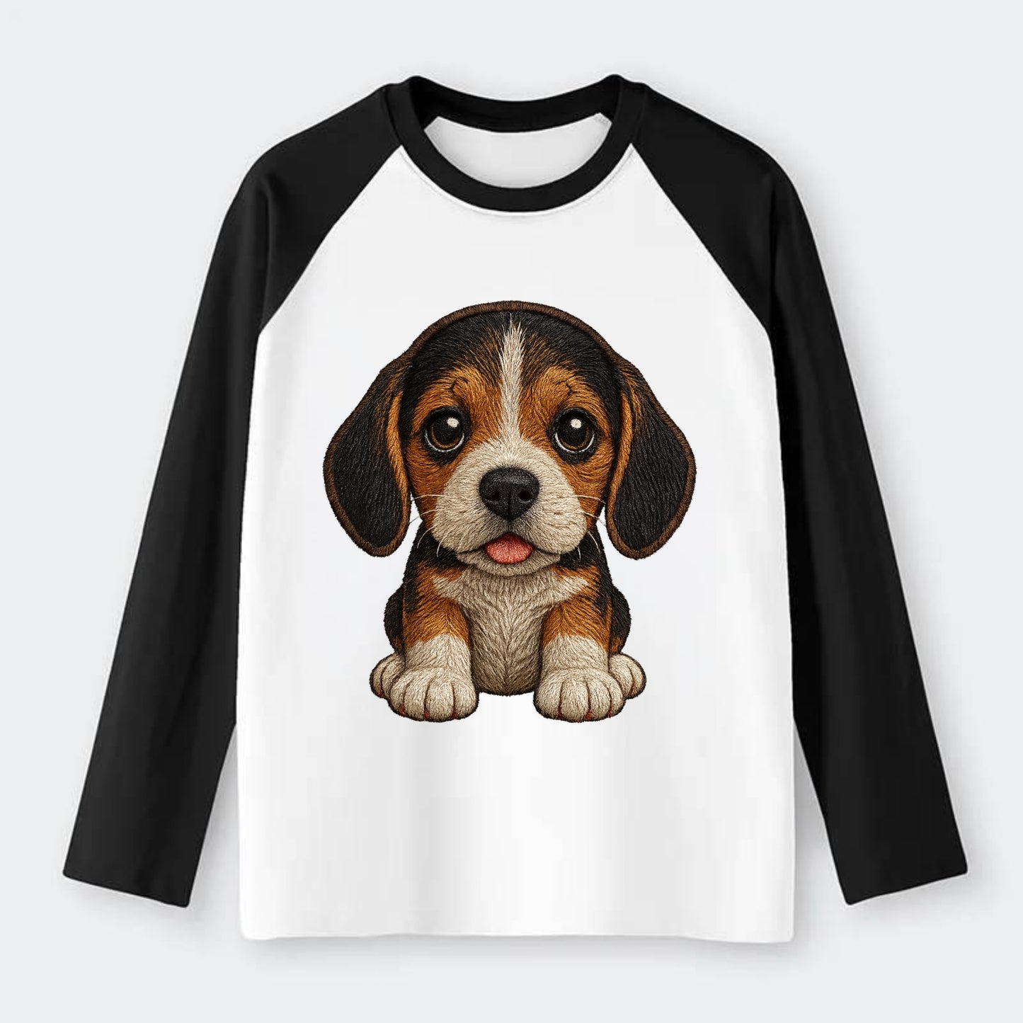 Baby Beagle Puppy - tricolor coat, long droopy ears, big pleading - Raglan Long Sleeve T-Shirt - Black