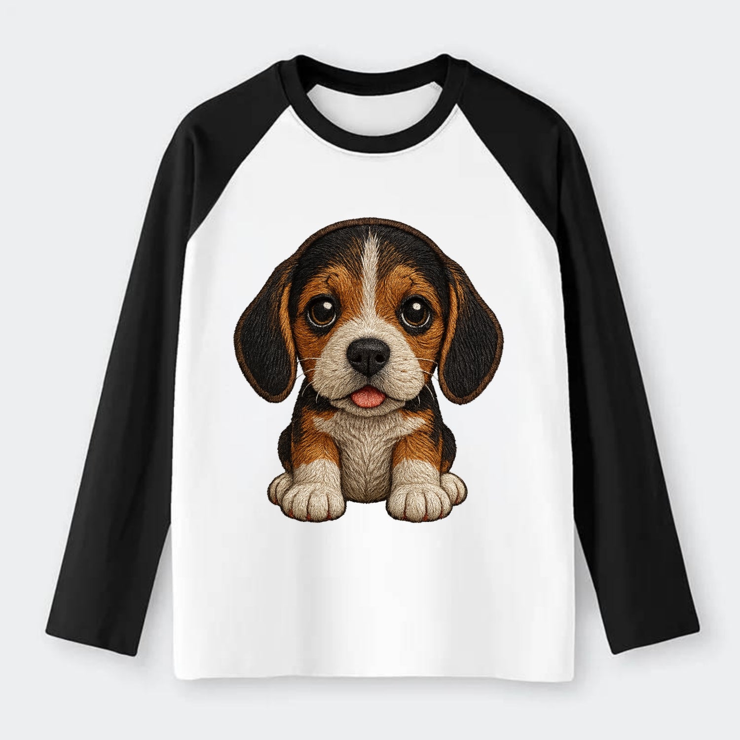 Baby Beagle Puppy - tricolor coat, long droopy ears, big pleading - Raglan Long Sleeve T-Shirt - Black