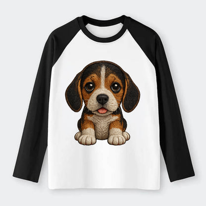 Baby Beagle Puppy - tricolor coat, long droopy ears, big pleading - Raglan Long Sleeve T-Shirt - Black