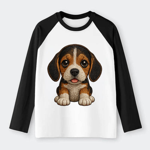 Baby Beagle Puppy - tricolor coat, long droopy ears, big pleading - Raglan Long Sleeve T-Shirt