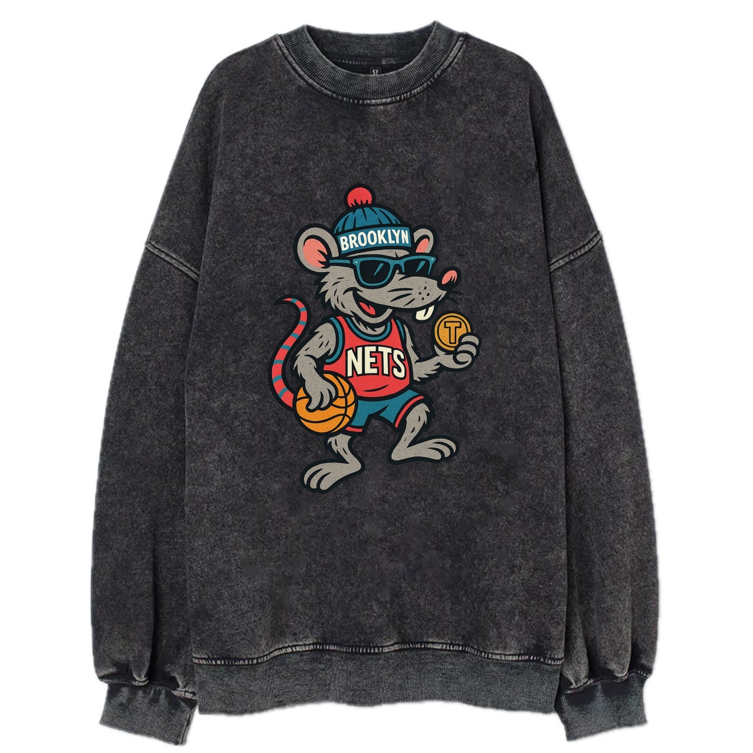 Brooklyn Rat wearing Nets beanie with subway token and wayfarer sunglasses - Vintage Sweatshirt - Black