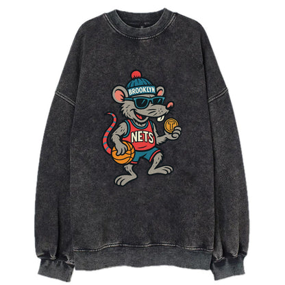 Brooklyn Rat wearing Nets beanie with subway token and wayfarer sunglasses - Vintage Sweatshirt - Black
