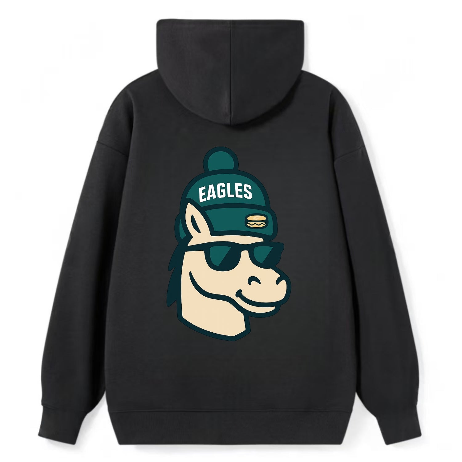 Philadelphia Horse wearing Eagles beanie with cheesesteak patch and - Classic Pullover Hoodie - Black
