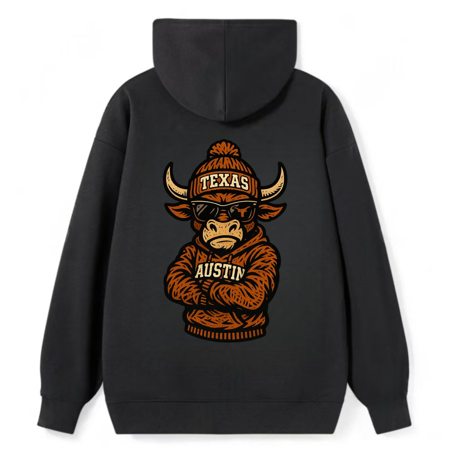Austin Bevo wearing Texas beanie with longhorn patch - Classic Pullover Hoodie - Black