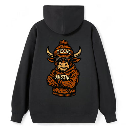 Austin Bevo wearing Texas beanie with longhorn patch - Classic Pullover Hoodie - Black