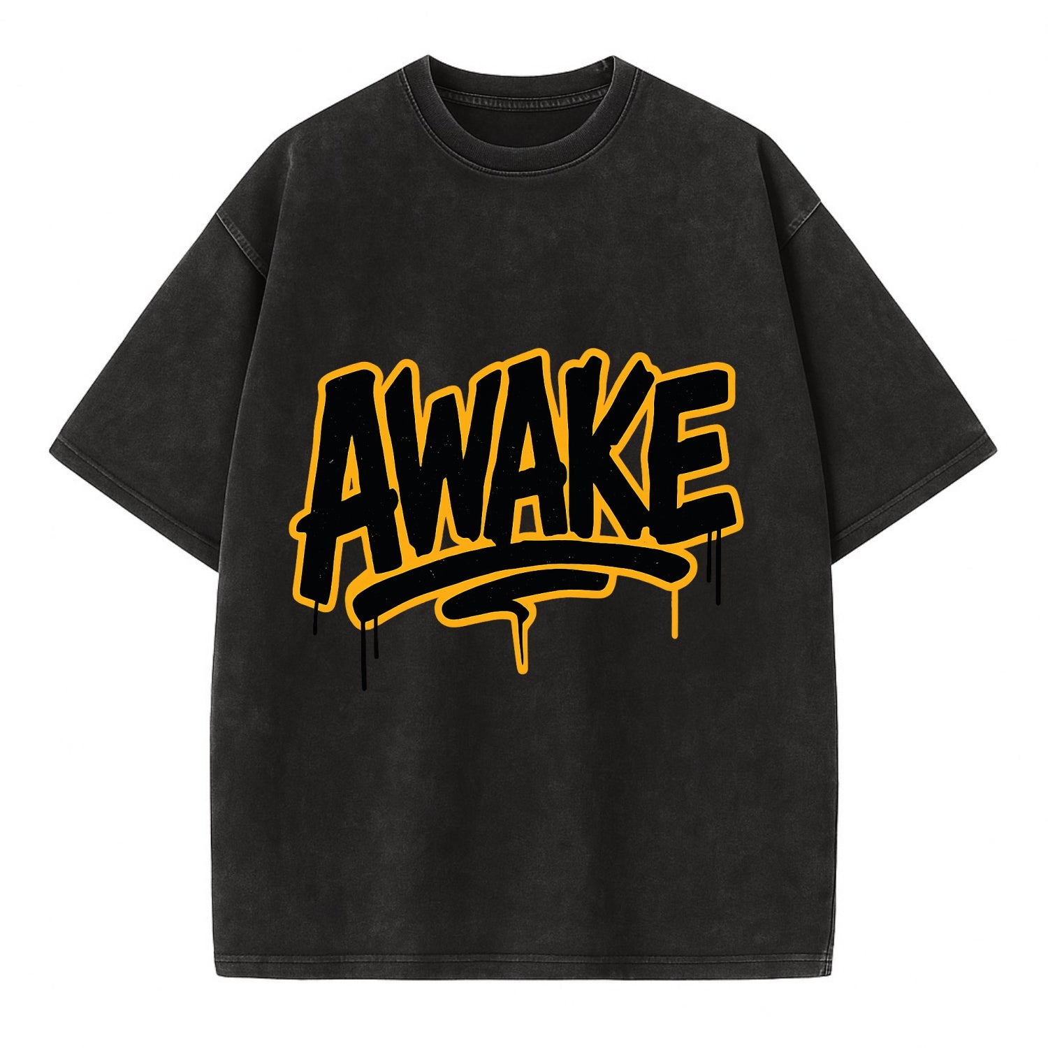 Bold typography design - "AWAKE" - conscious, aware, alert - Vintage T-shirt - Black
