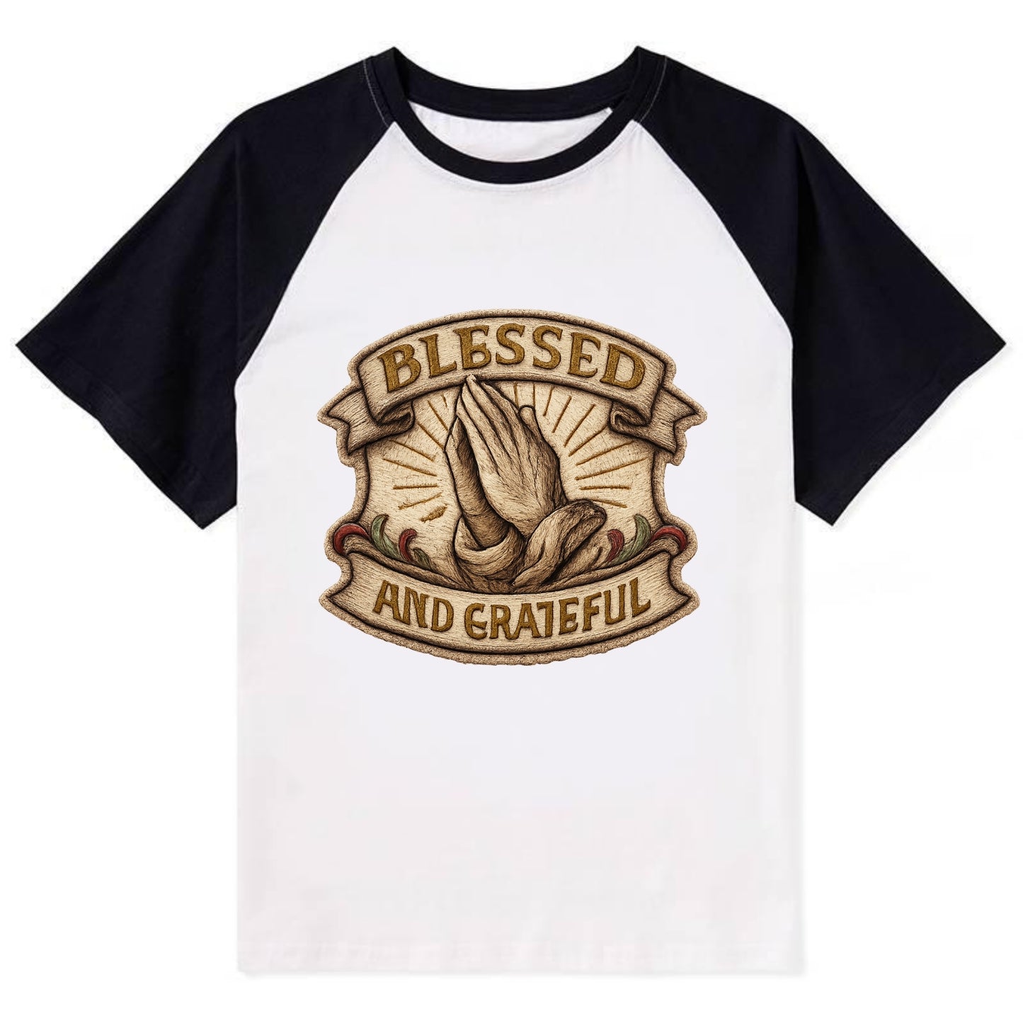 BLESSED AND GRATEFUL - praying hands with text in gold , thankful - Contrast Raglan T-shirt - Black