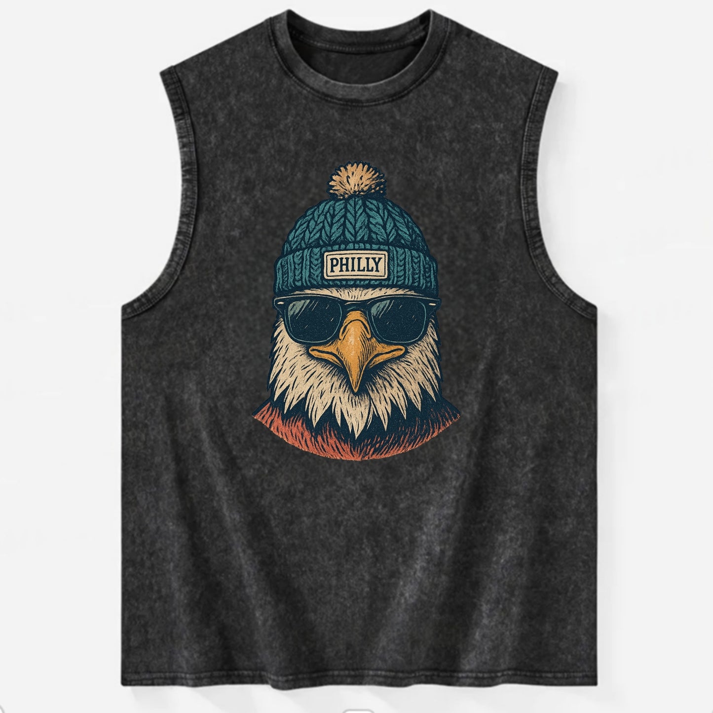 Philadelphia Eagle wearing Philly beanie with pom pom and wayfarer sunglasses - Vintage Washed Tank - Black
