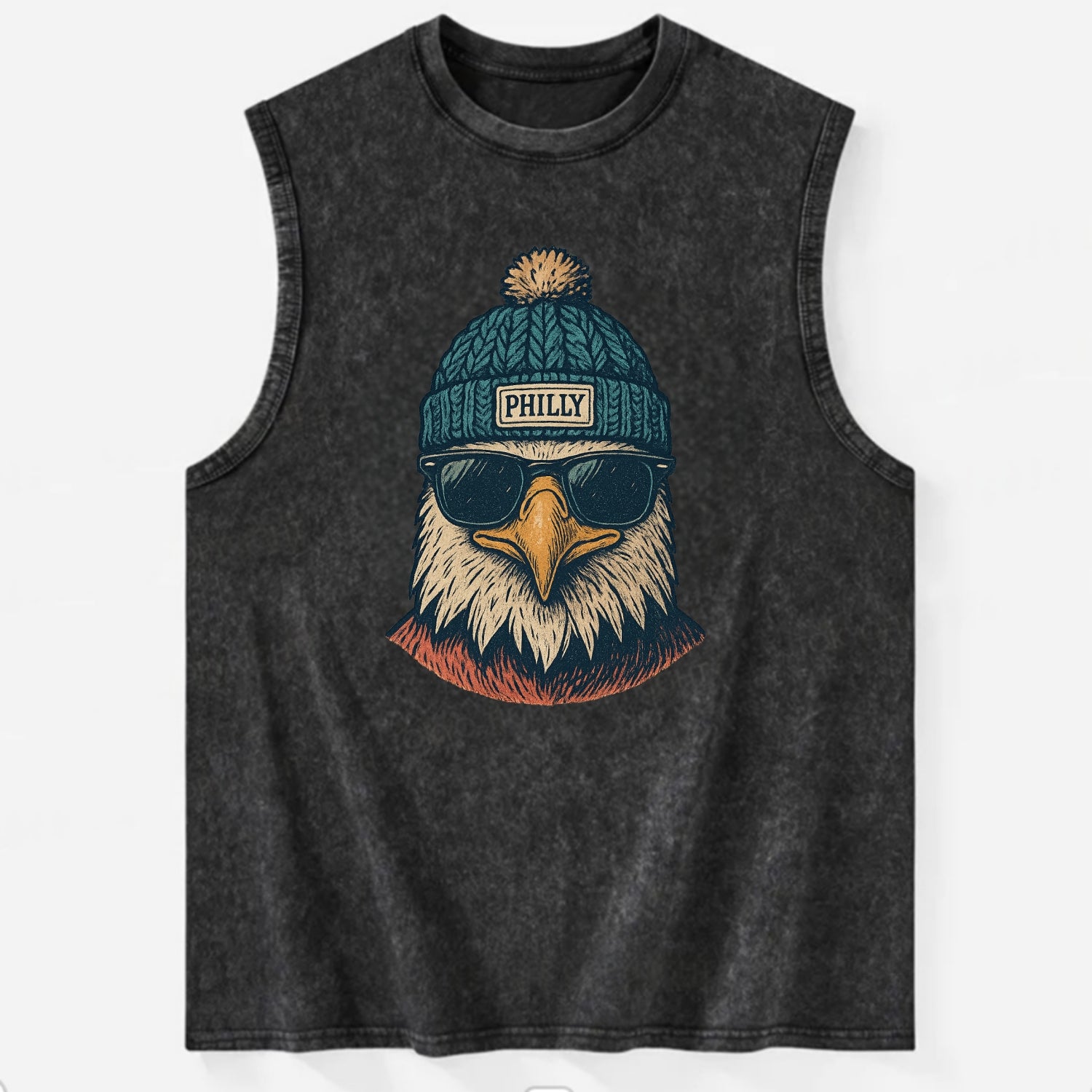Philadelphia Eagle wearing Philly beanie with pom pom and wayfarer sunglasses - Vintage Washed Tank - Black