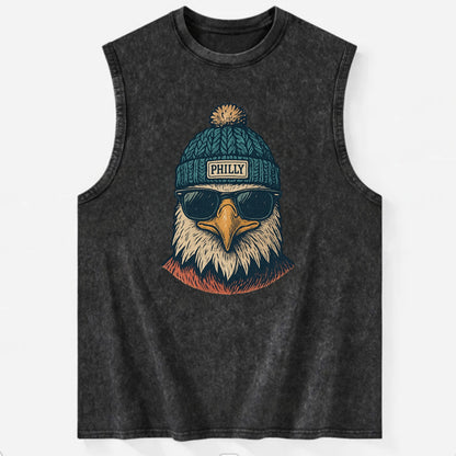 Philadelphia Eagle wearing Philly beanie with pom pom and wayfarer sunglasses - Vintage Washed Tank - Black
