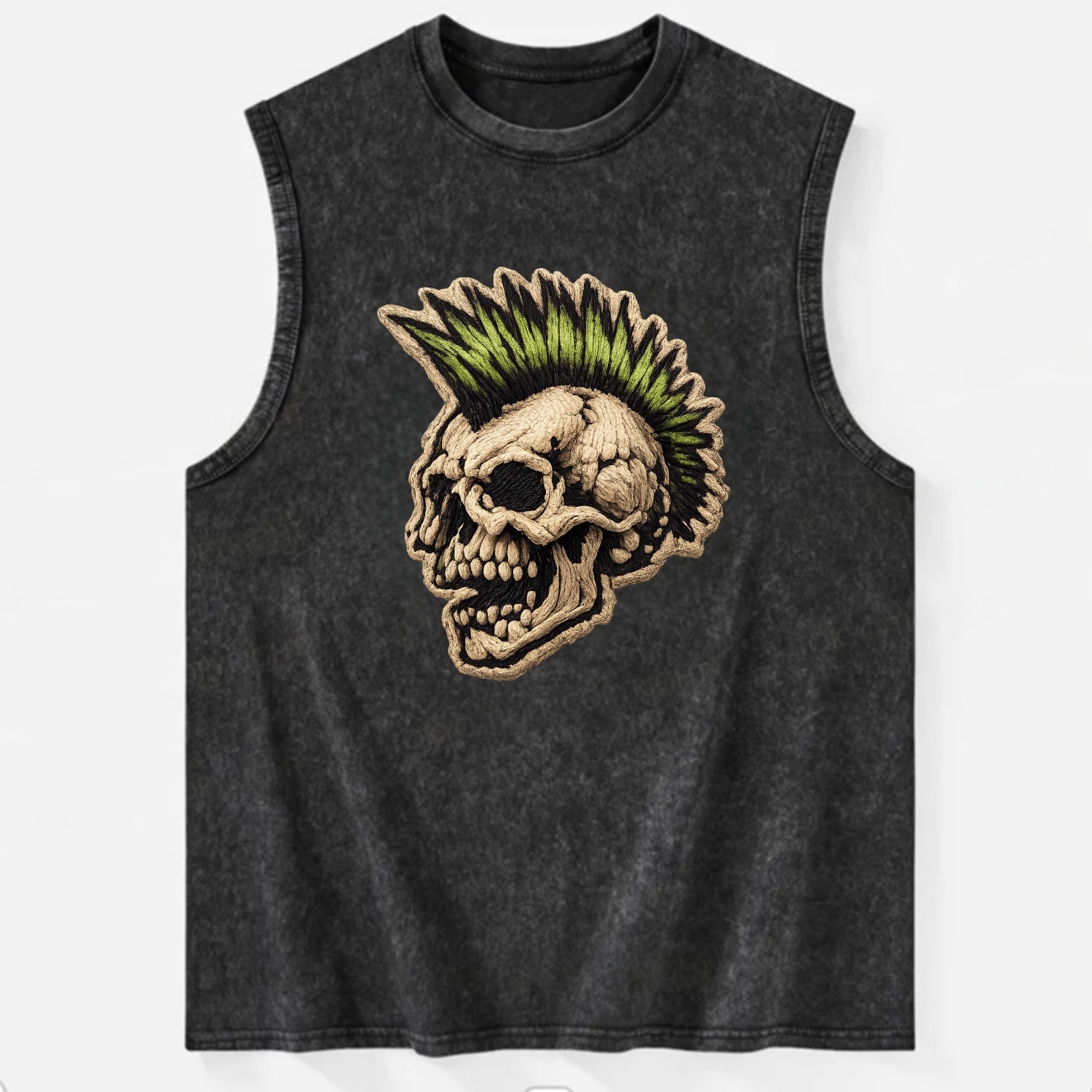 MOHAWK SKULL - punk skull with mohawk in neon green and black , punk rock - Vintage Washed Tank - Black
