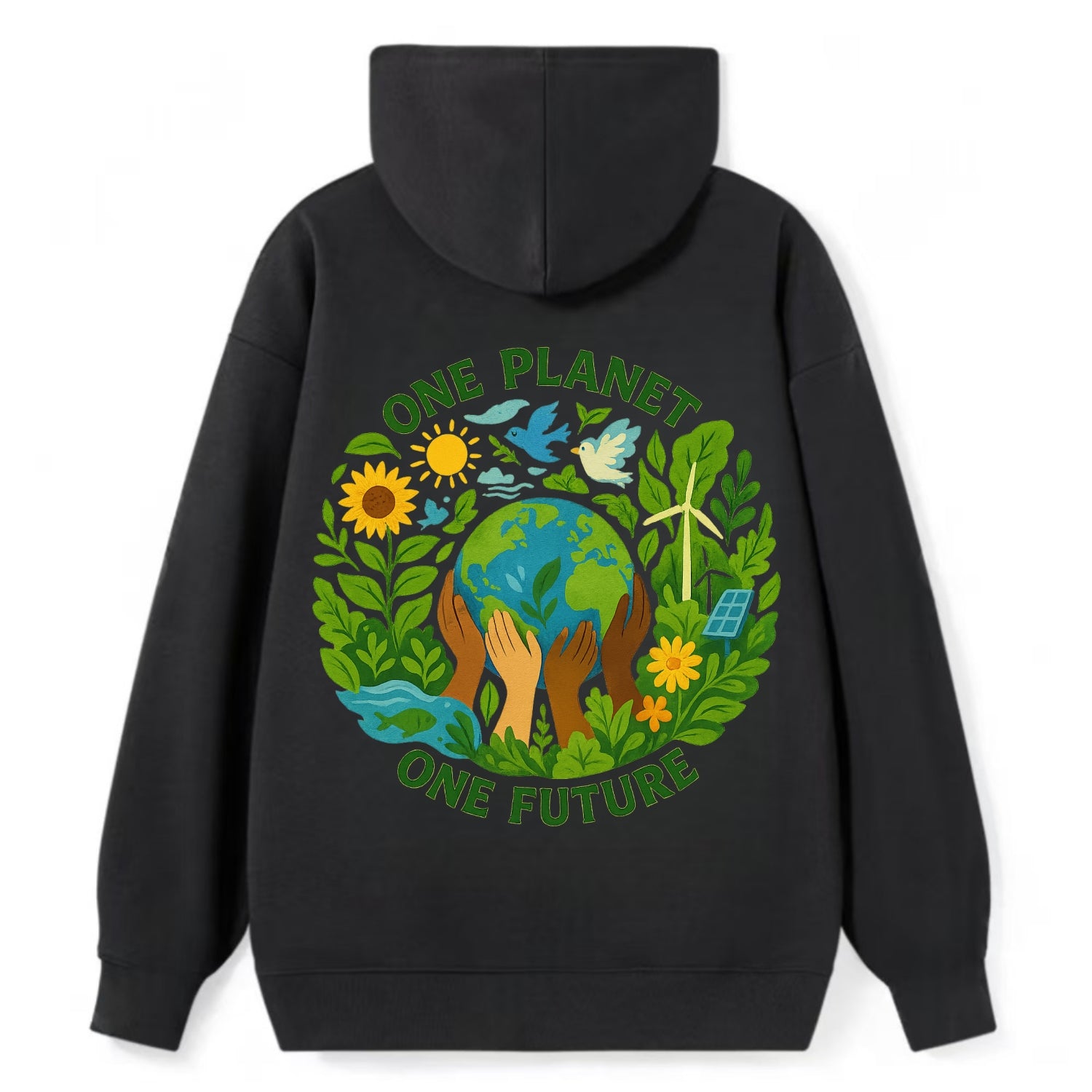Globe surrounded by hands of all colors working together - "One Planet, - Classic Pullover Hoodie - Black