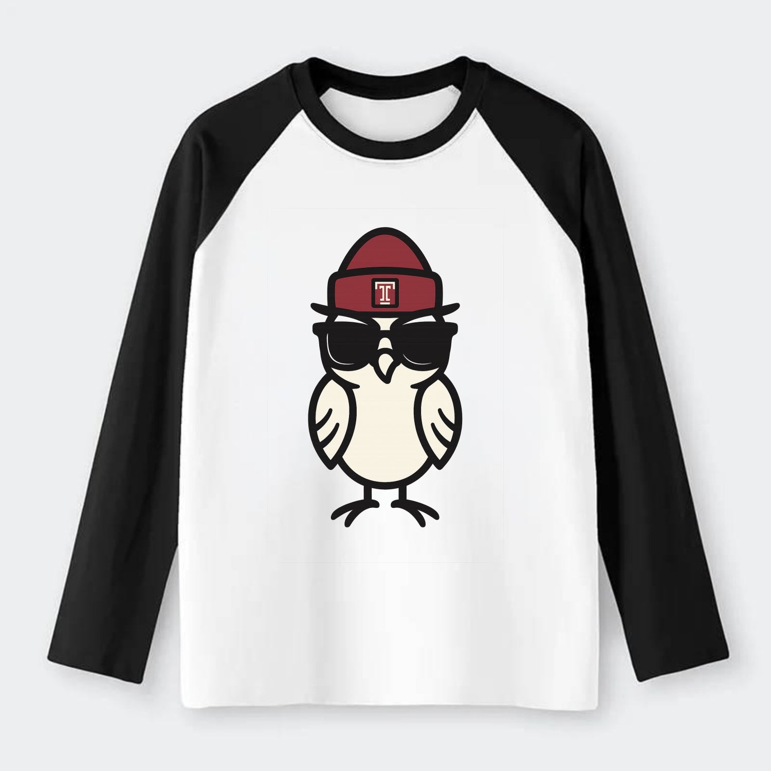 Philadelphia Owl wearing Temple beanie with T patch - Raglan Long Sleeve T-Shirt - Black