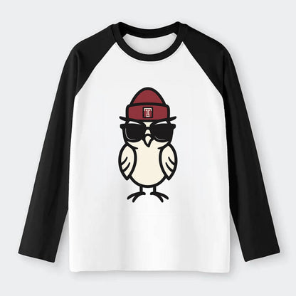 Philadelphia Owl wearing Temple beanie with T patch - Raglan Long Sleeve T-Shirt - Black