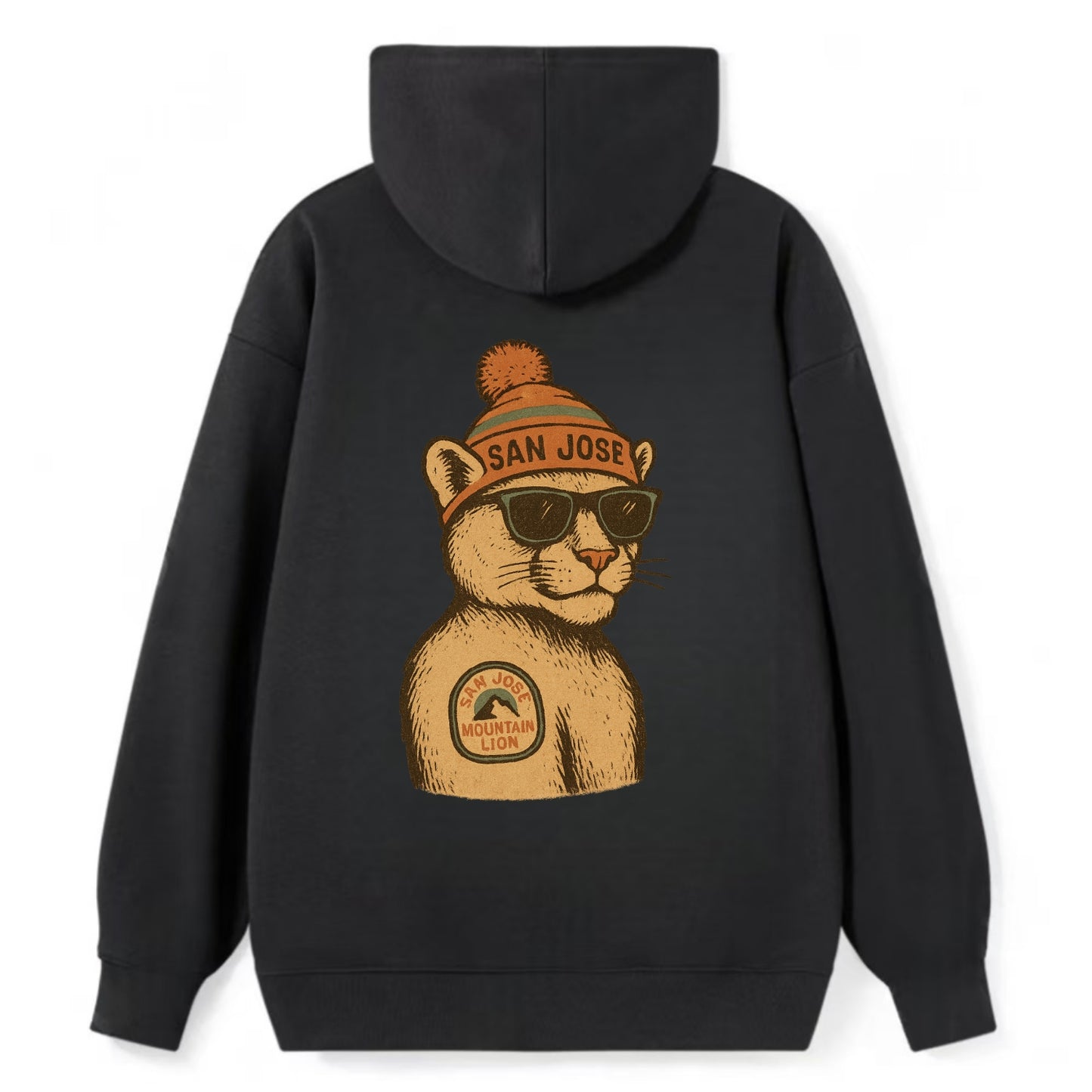 San Jose Mountain Lion wearing San Jose beanie with pom pom and wayfarer - Classic Pullover Hoodie - Black