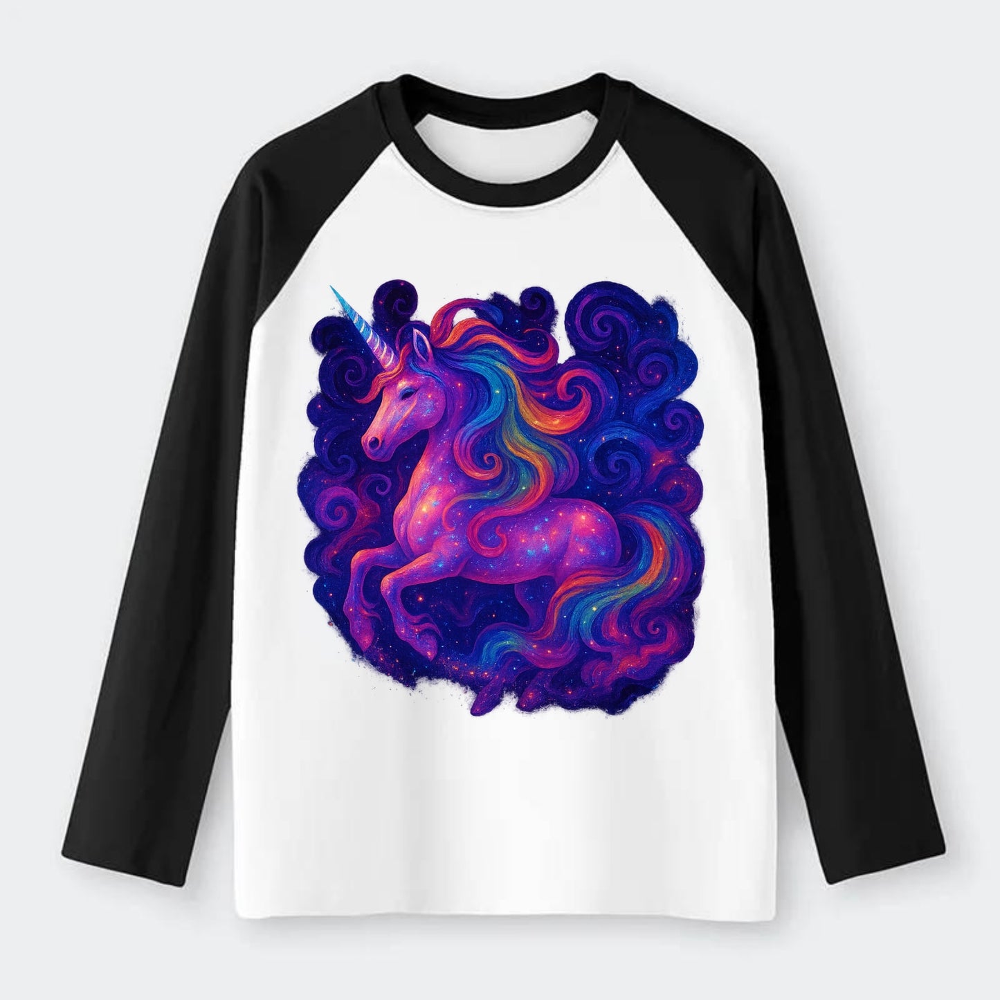 Magical unicorn with flowing rainbow gradient mane, iridescent horn - Raglan Long Sleeve T-Shirt - Black