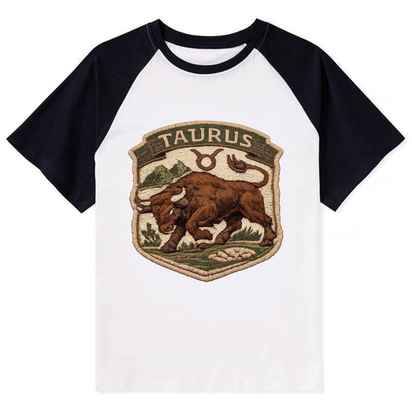 TAURUS BULL - strong bull in brown and green , earth sign - Contrast Raglan T-shirt - Black