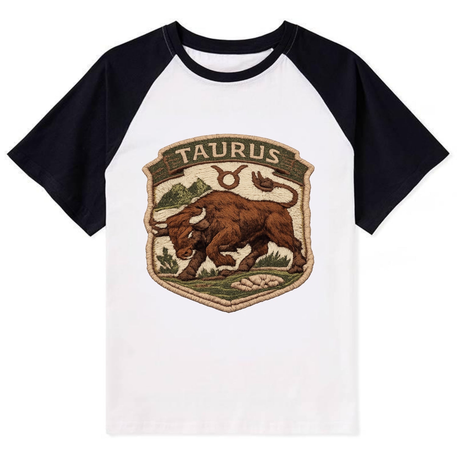 TAURUS BULL - strong bull in brown and green , earth sign - Contrast Raglan T-shirt - Black