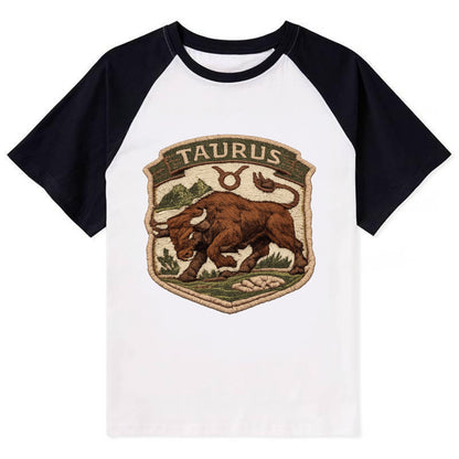 TAURUS BULL - strong bull in brown and green , earth sign - Contrast Raglan T-shirt - Black