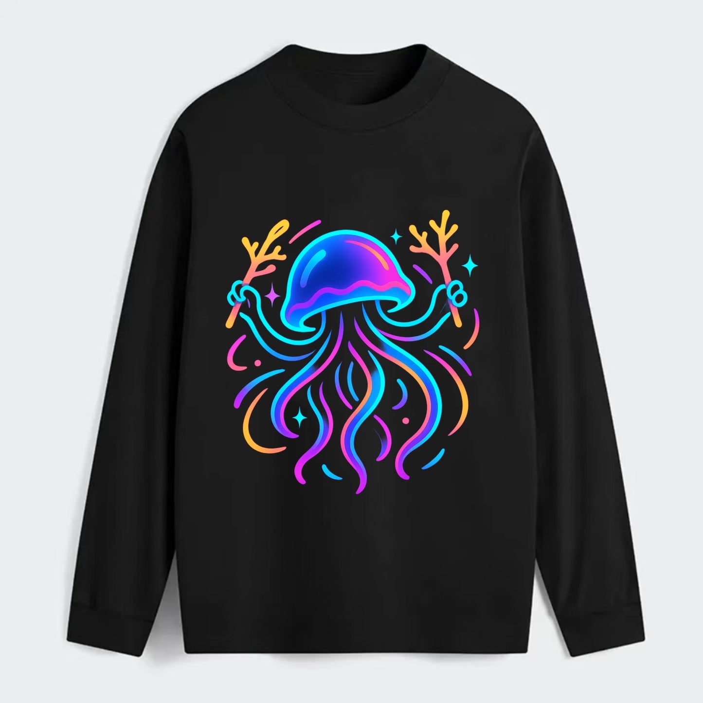 Jellyfish conducting a glow orchestra using coral batons in deep ocean - Classic Long Sleeve Shirt - Black