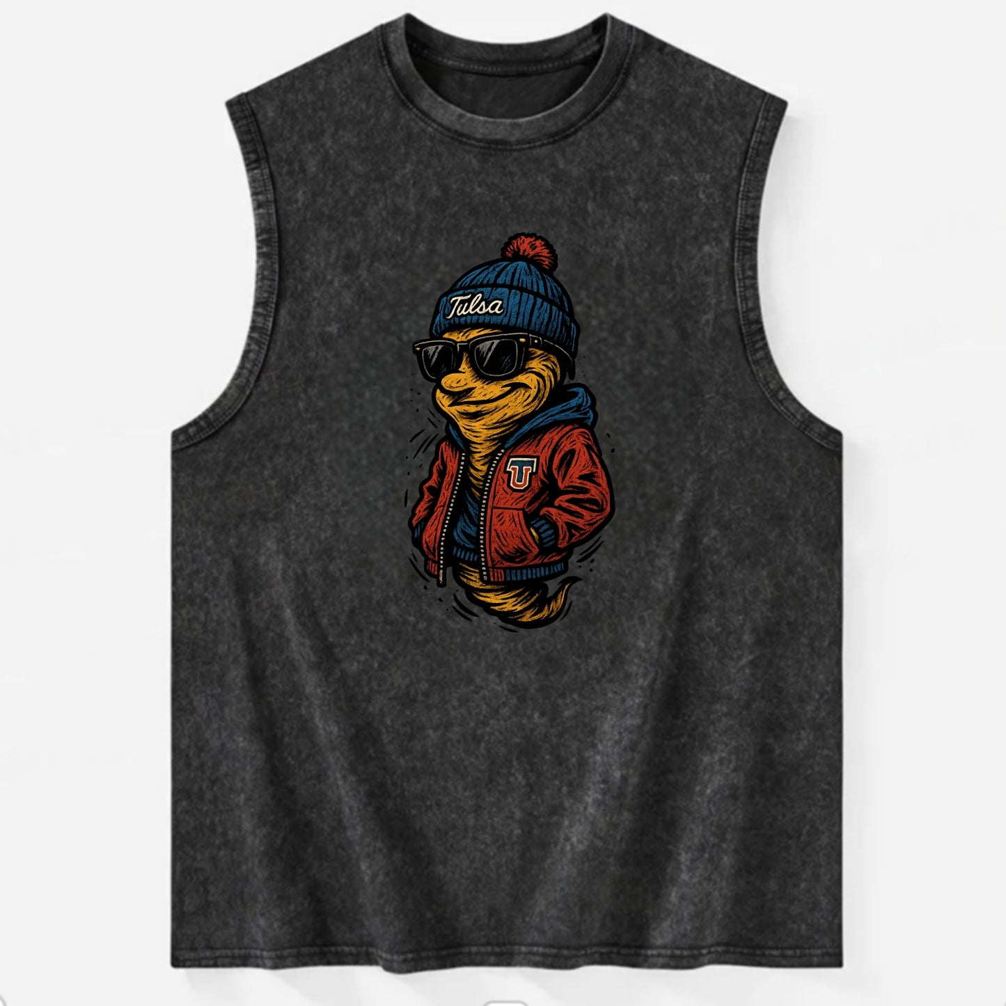 Tulsa Hurricane wearing Tulsa beanie with TU patch - Vintage Washed Tank - Black
