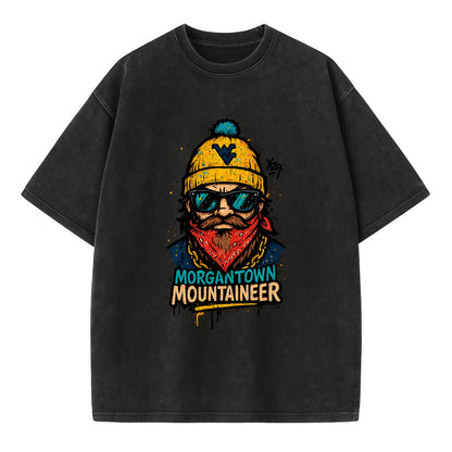 Morgantown Mountaineer wearing West Virginia beanie with WV patch - Vintage T-shirt - Black