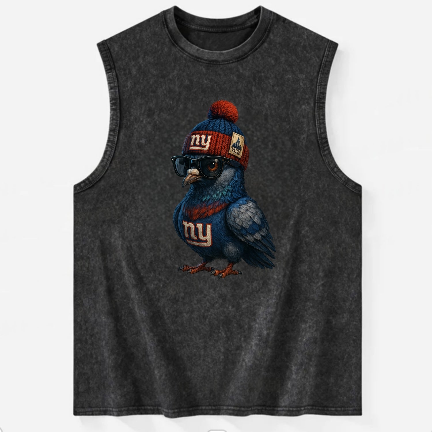 Manhattan Pigeon wearing Giants beanie with Empire State patch and wayfarer - Vintage Washed Tank - Black