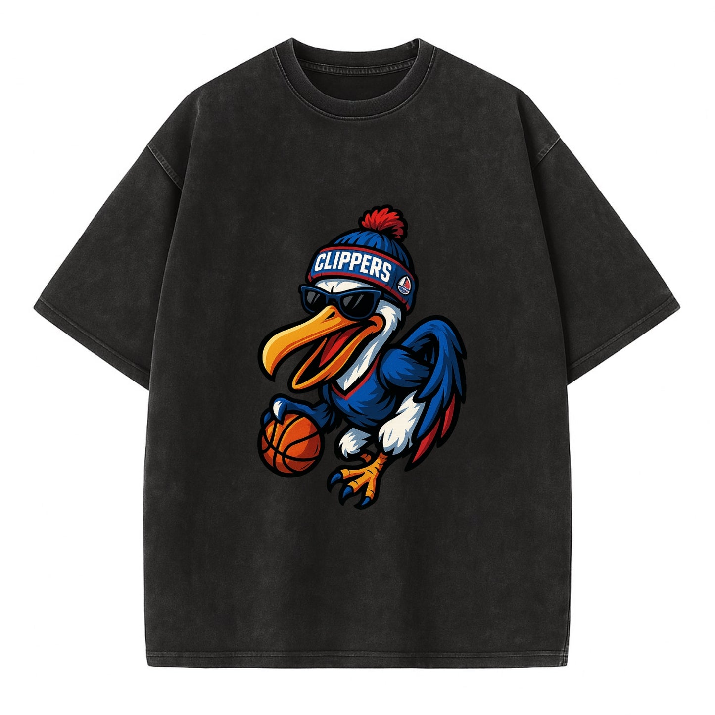Los Angeles Pelican wearing Clippers beanie with sailboat patch and wayfarer - Vintage T-shirt - Black