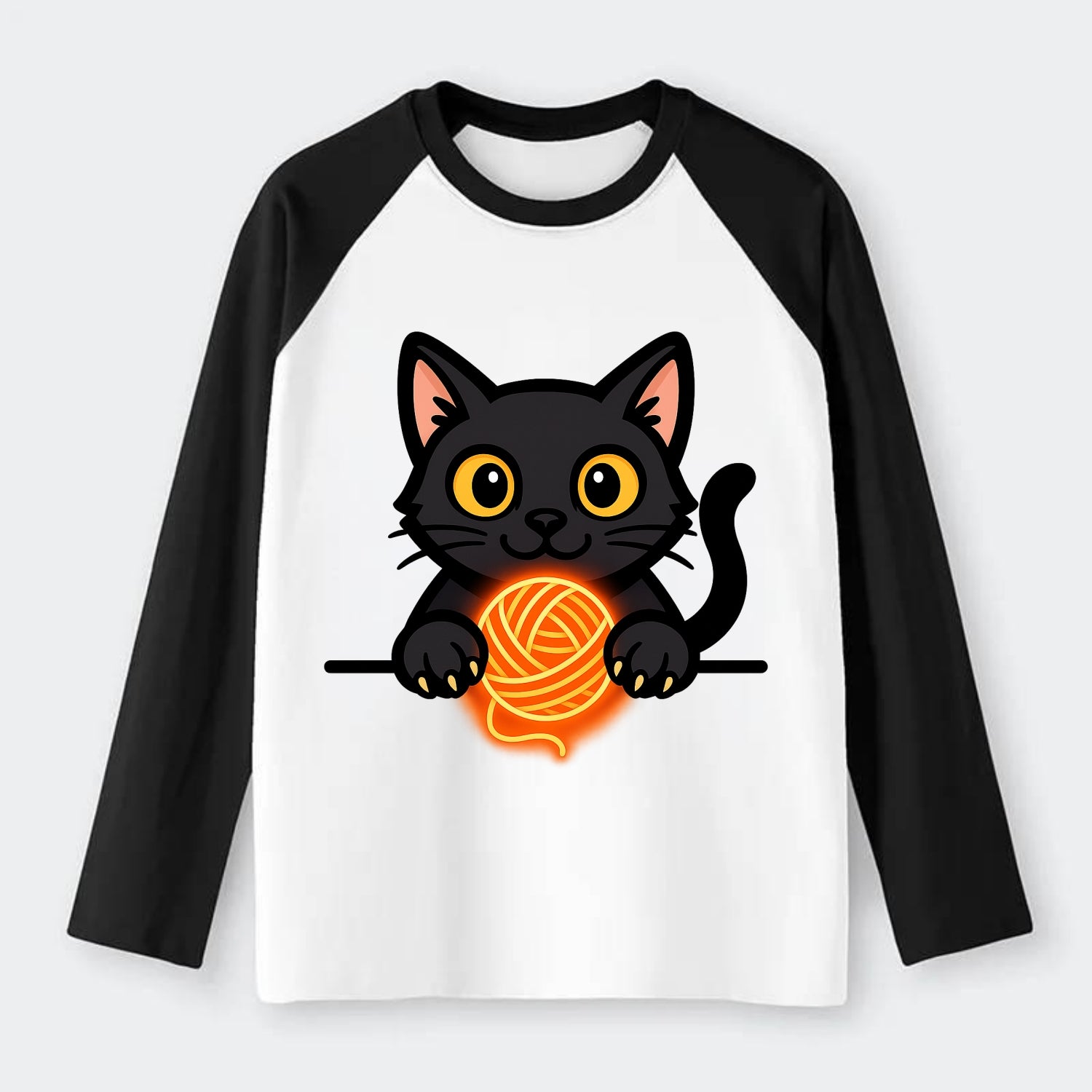 Midnight the black cat popping out of a gift box lid with ribbon - Raglan Long Sleeve T-Shirt - Black