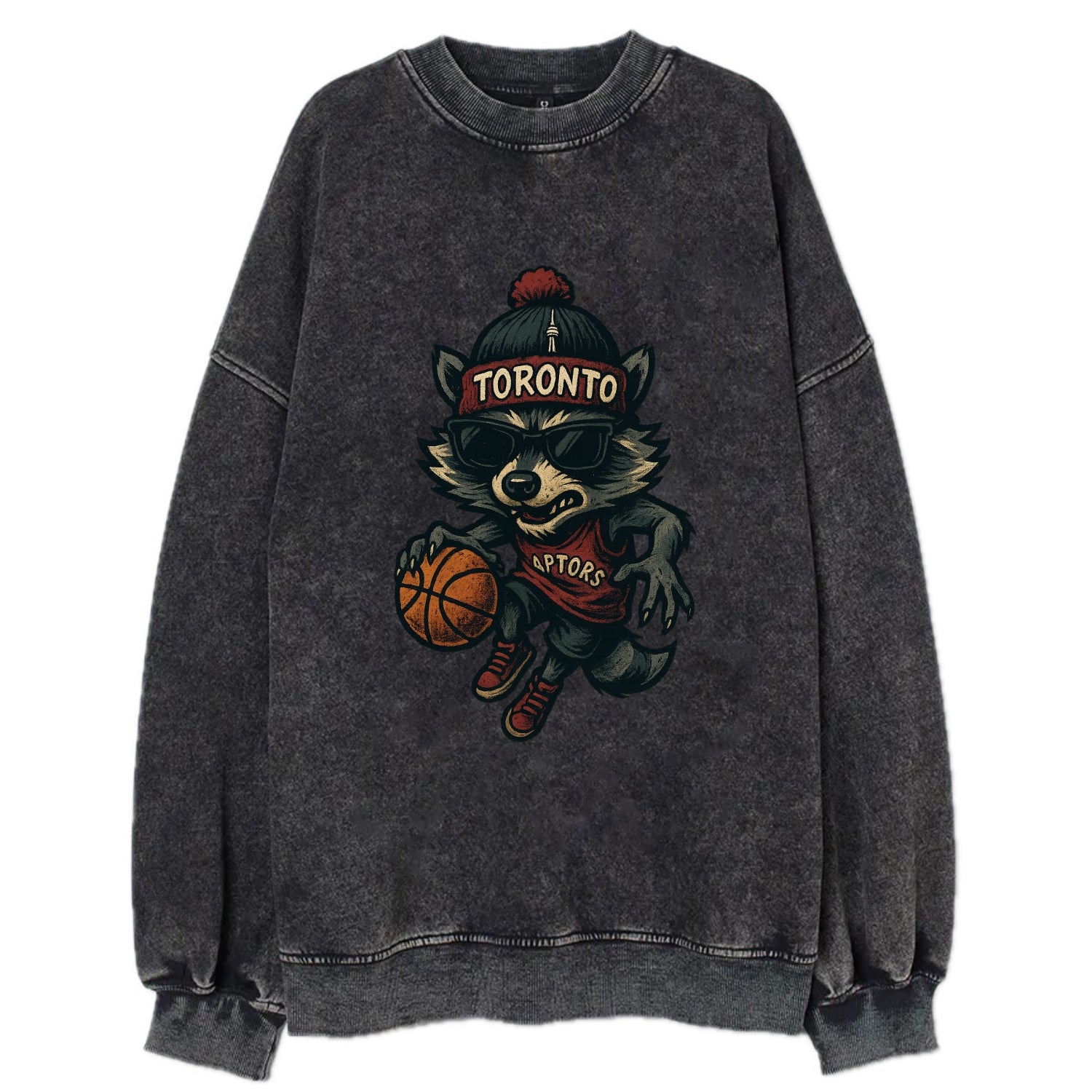 Toronto Raccoon wearing Raptors beanie with CN Tower patch and wayfarer - Vintage Sweatshirt - Black