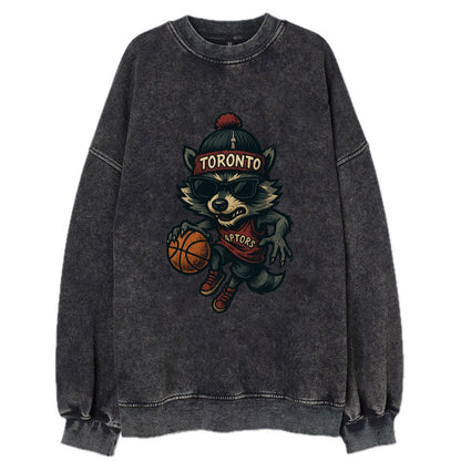 Toronto Raccoon wearing Raptors beanie with CN Tower patch and wayfarer - Vintage Sweatshirt - Black
