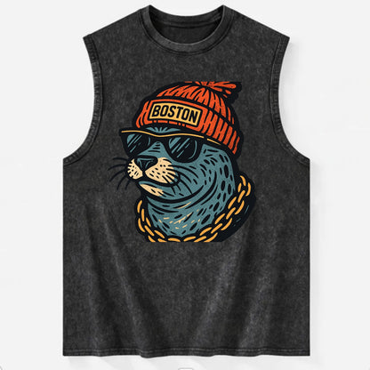 Boston Harbor Seal wearing Boston beanie with pom pom and wayfarer sunglasses - Vintage Washed Tank - Black