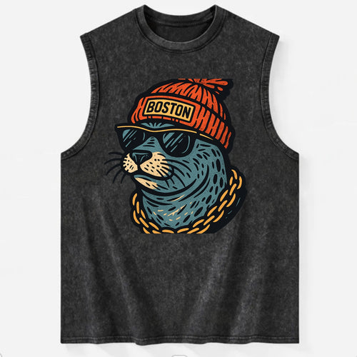 Boston Harbor Seal wearing Boston beanie with pom pom and wayfarer sunglasses - Vintage Washed Tank