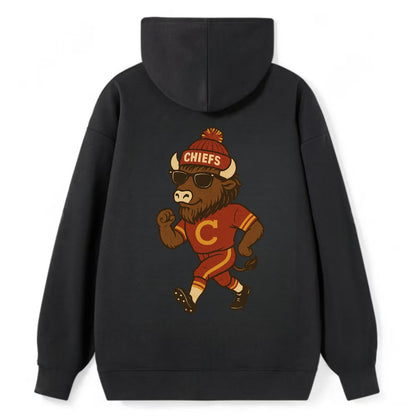KC Bison wearing Chiefs beanie with arrowhead patch and wayfarer - Classic Pullover Hoodie - Black