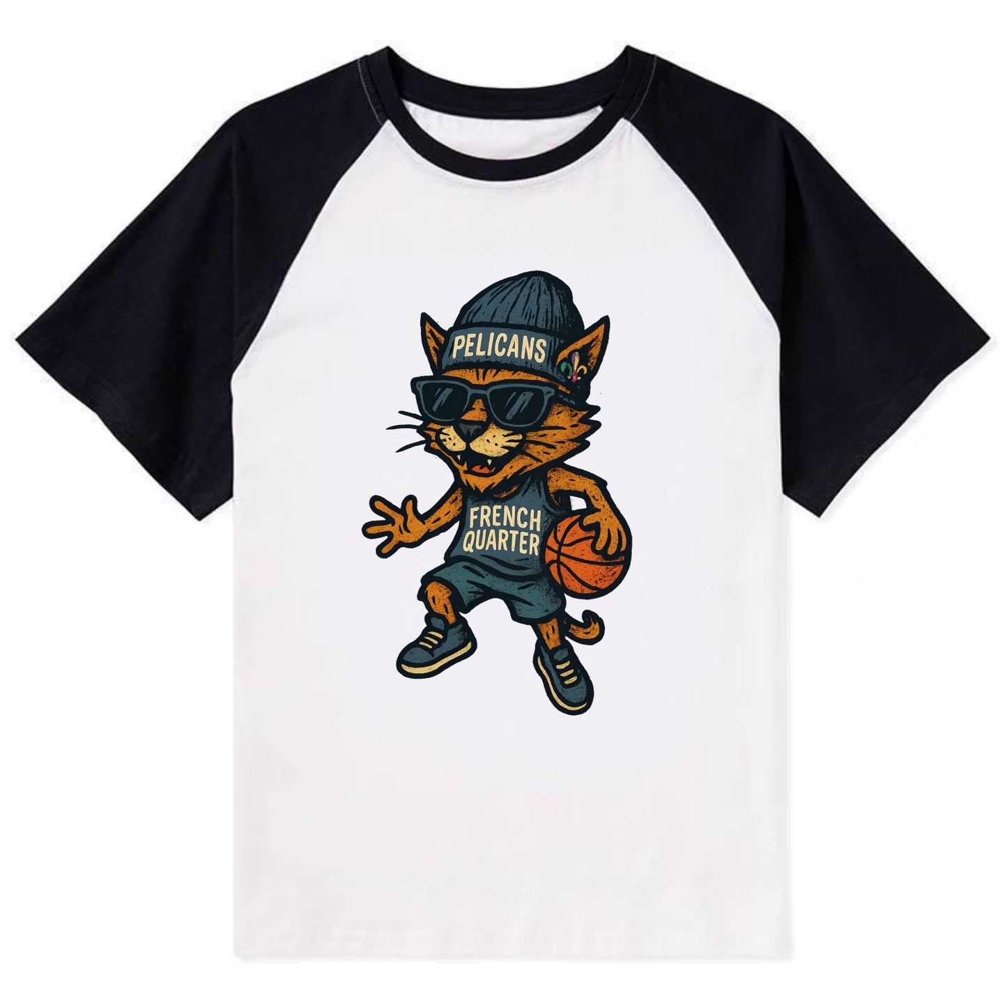 French Quarter Cat wearing Pelicans beanie with Mardi Gras patch and - Contrast Raglan T-shirt - Black