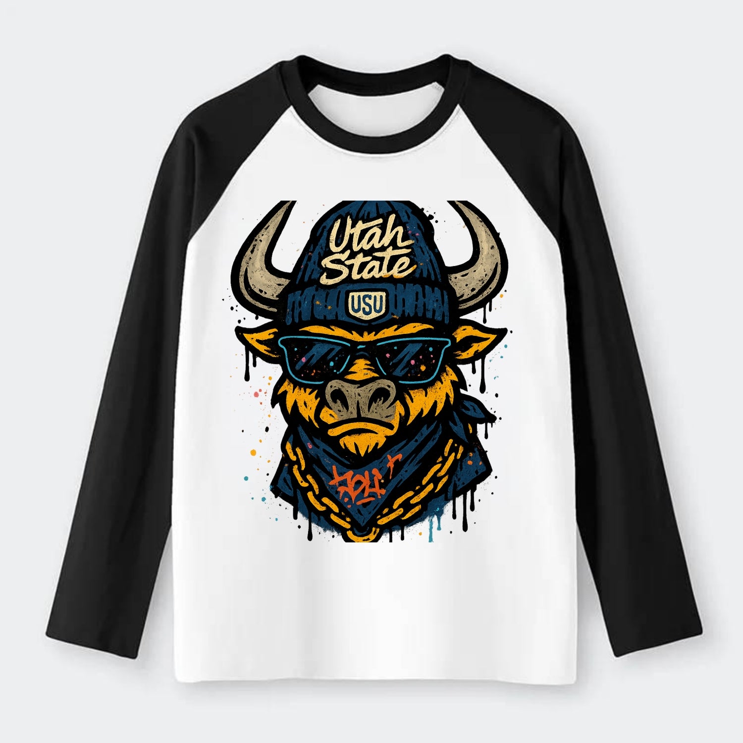 Logan Aggie wearing Utah State beanie with USU patch - Raglan Long Sleeve T-Shirt - Black