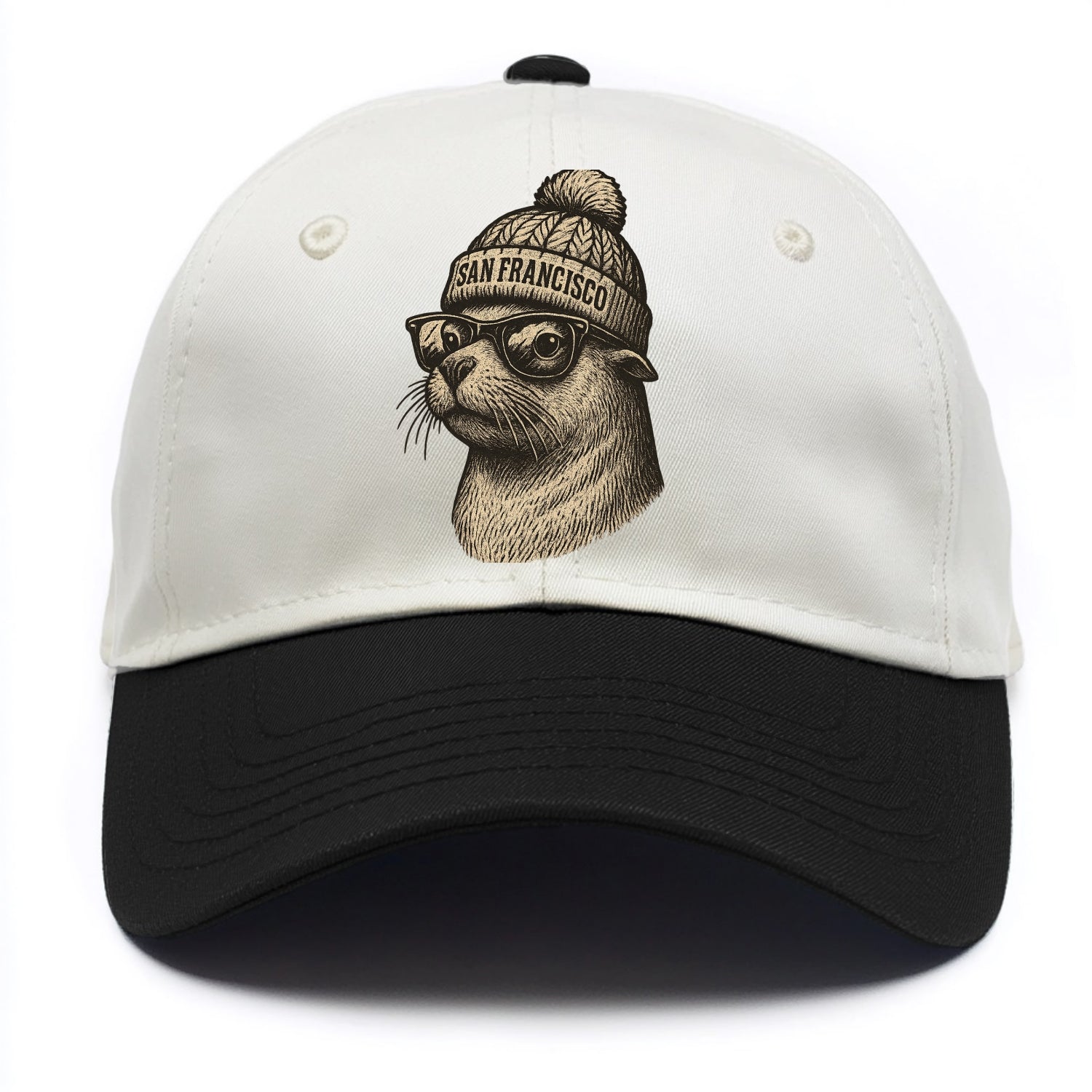San Francisco Sea Lion wearing San Francisco beanie with pom pom and wayfarer - Two Tone Cap - Black