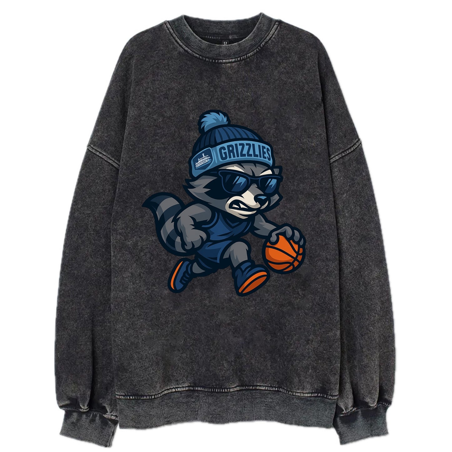 Memphis Raccoon wearing Grizzlies beanie with riverboat patch and wayfarer - Vintage Sweatshirt - Black