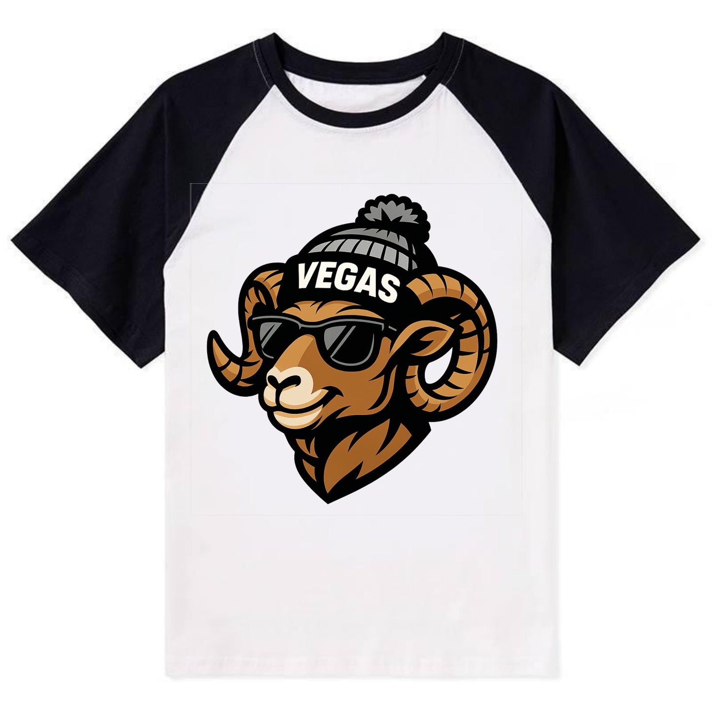 Vegas Desert Bighorn wearing Raiders silver and black beanie with pom pom - Contrast Raglan T-shirt - Black