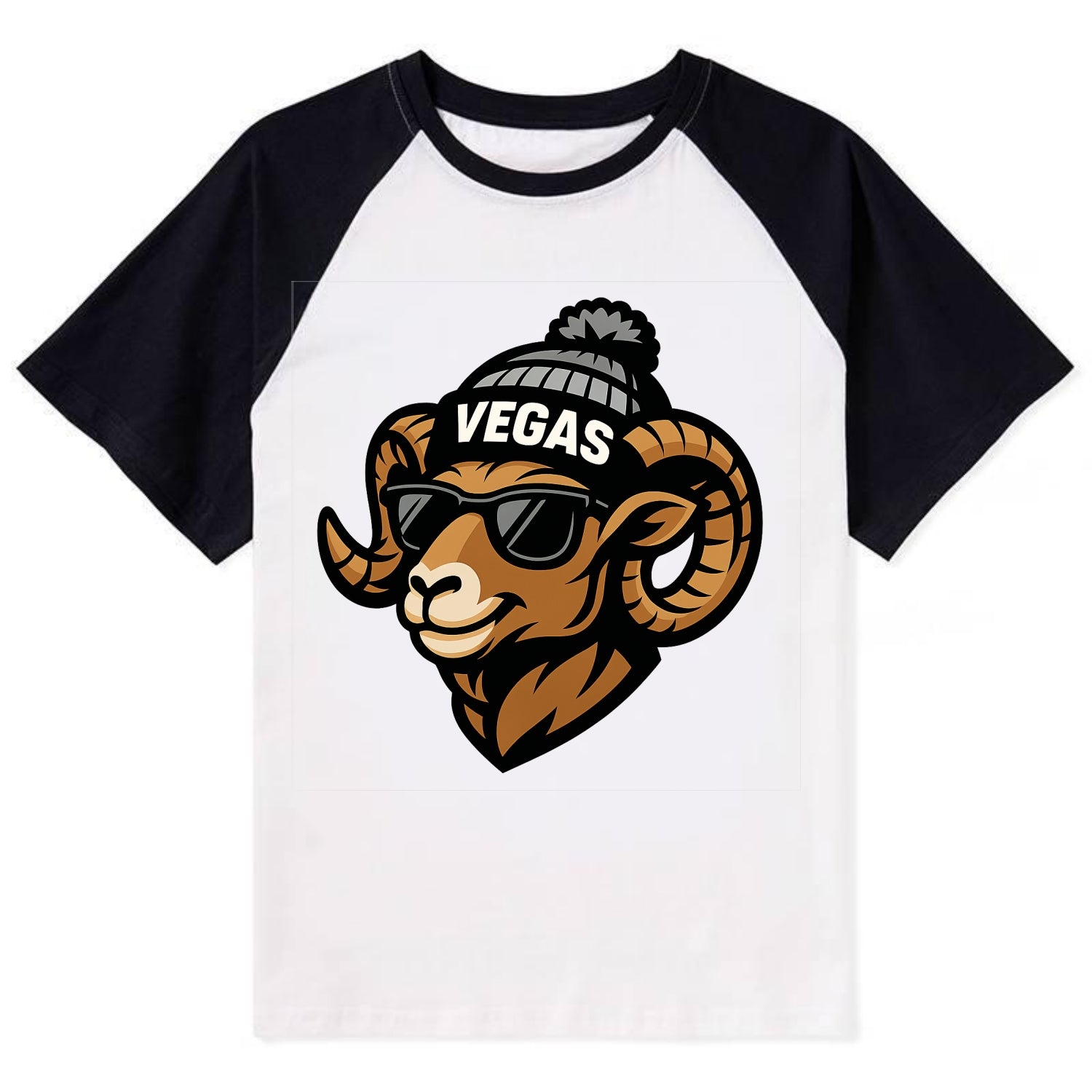 Vegas Desert Bighorn wearing Raiders silver and black beanie with pom pom - Contrast Raglan T-shirt - Black