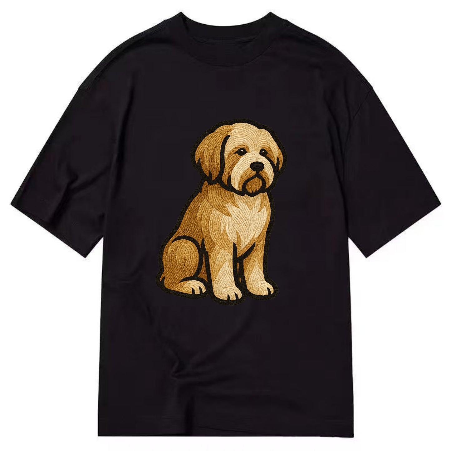 Tibetan Terrier - Gold and white embroidered sitting pose - Classic T-shirt - Black