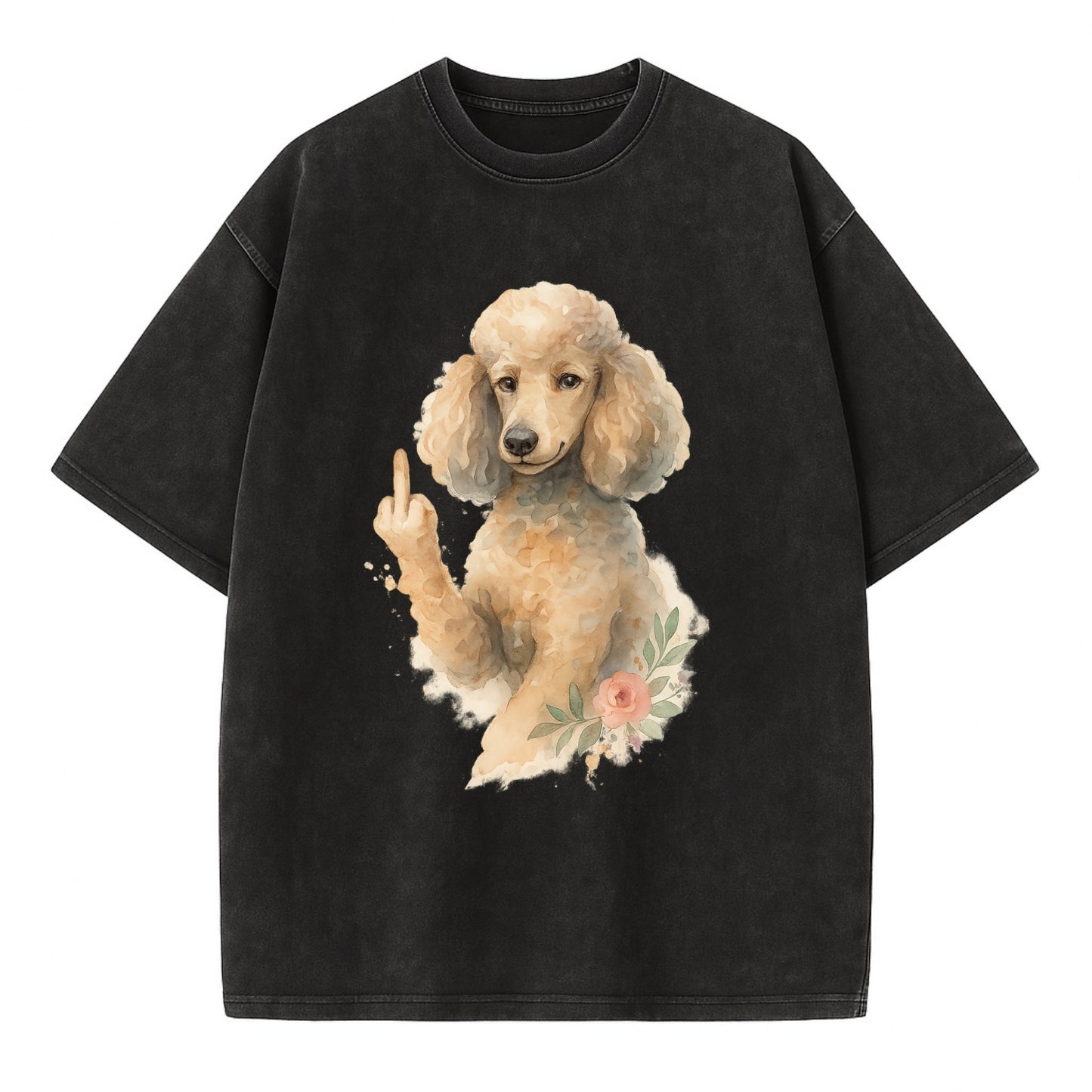 Standard Poodle with curly styled coat, intelligent face, fancy paw giving finger - Vintage T-shirt - Black