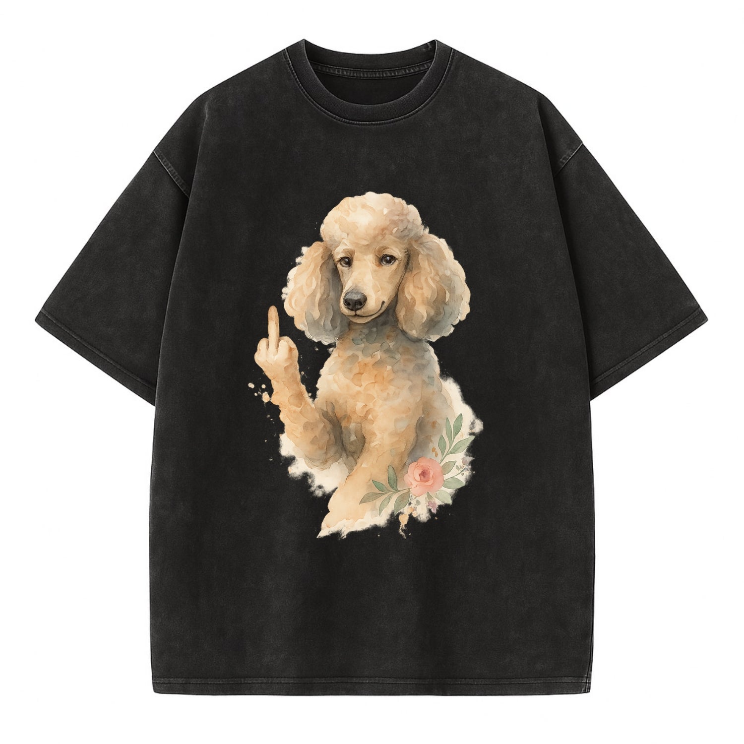 Standard Poodle with curly styled coat, intelligent face, fancy paw giving finger - Vintage T-shirt - Black